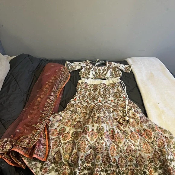 Off White Embroidered Lehenga Choli with Dupatta - Picture 3 of 9